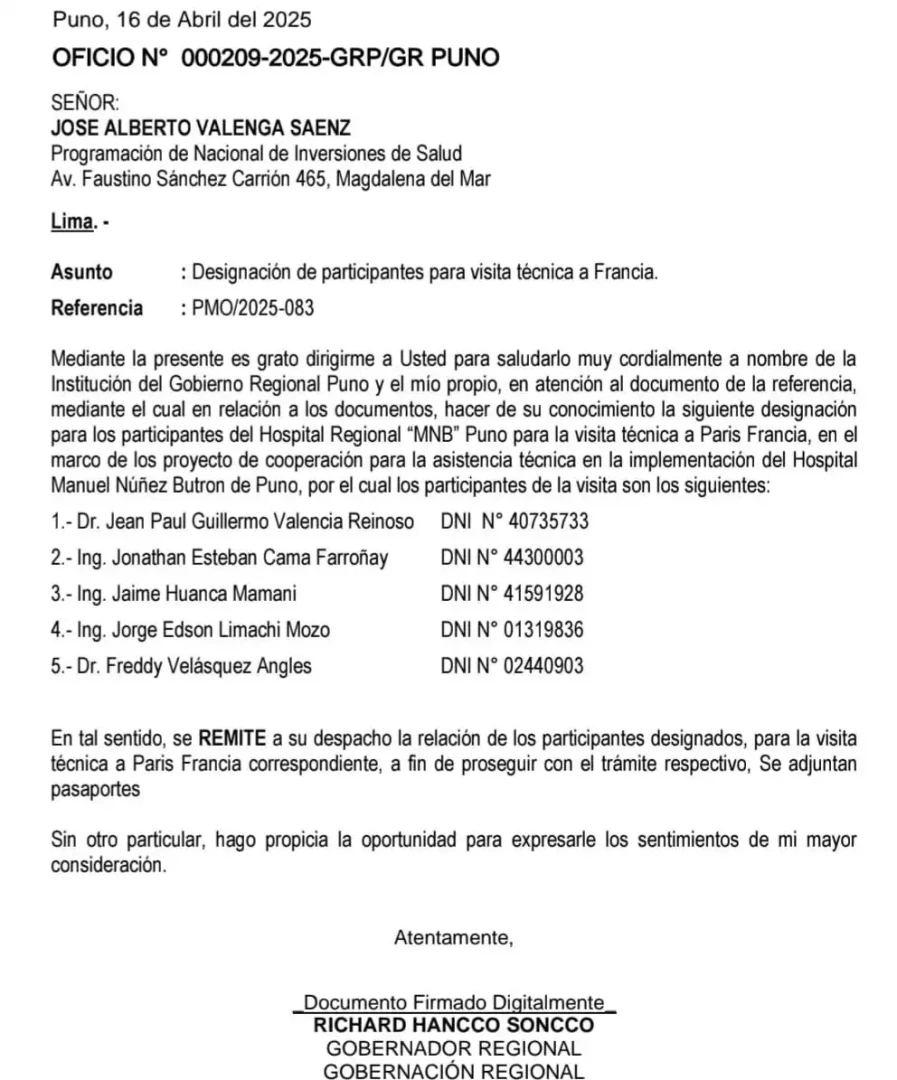 Viaje de funcionarios de Puno a París sin aval del Consejo genera polémica